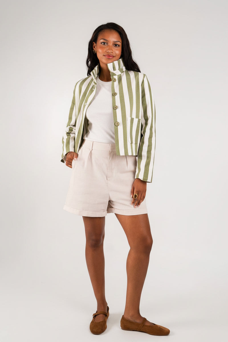 Veste June femme en coton écru et kaki rayé, poches plaquées arrondies - It Hippie
