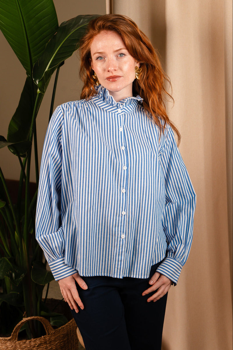 Chemise Lise femme en coton à rayures Bleu et Écru, look bohème sophistiqué - It Hippie