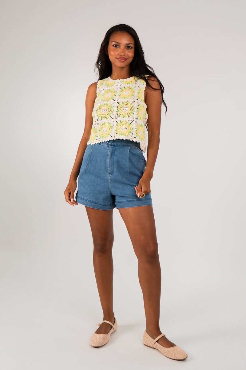Débardeur Solène femme en crochet de coton jaune, finitions festonnées - It Hippie