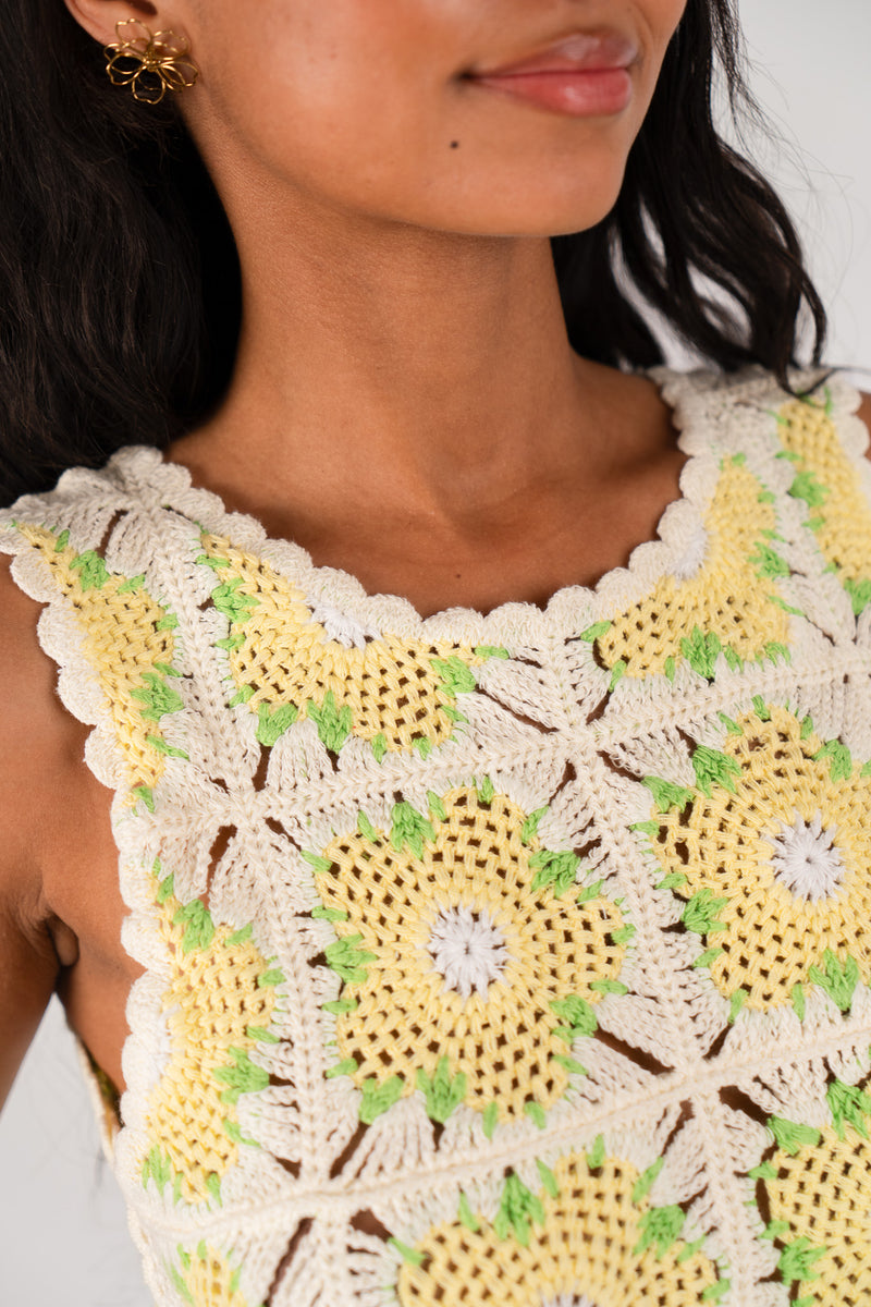 Débardeur Solène femme en coton ajouré jaune, coupe droite courte - It Hippie