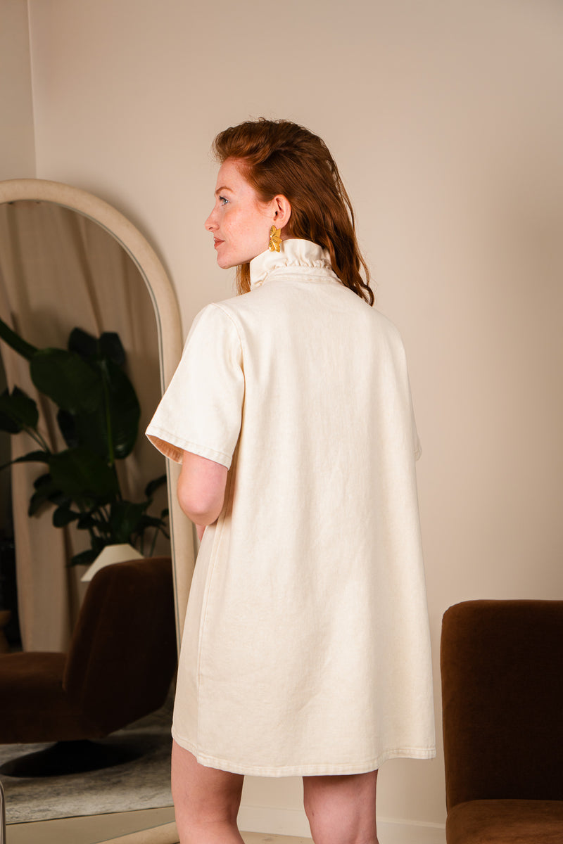 Robe Lya écru femme en coton, col montant à fronces - It Hippie