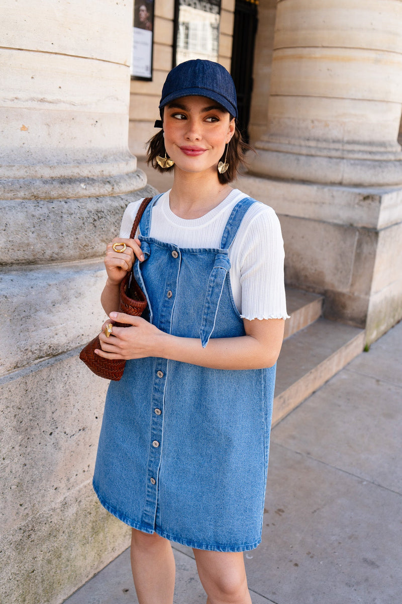 Robe salopette Clarisse en denim bleu femme, coupe droite évasée - It Hippie