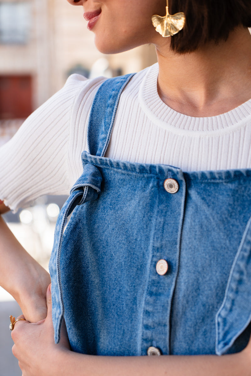 Robe salopette Clarisse femme en denim bleu, bretelles à nouer - It Hippie