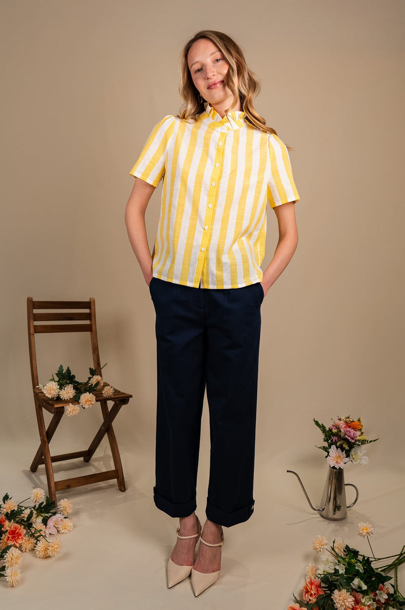 Pantalon Hector femme en coton marine, larges revers en bas de jambe - It Hippie