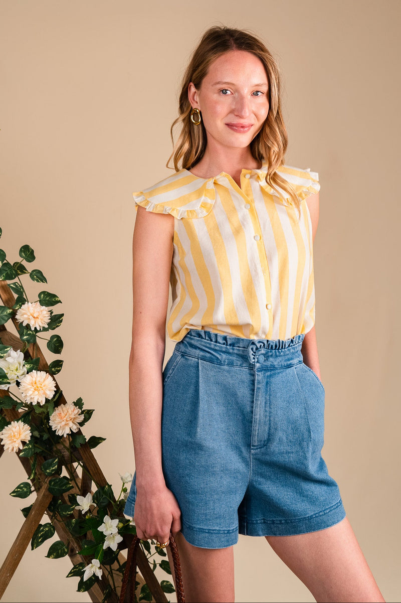 Blouse Camille femme en coton rayée jaune, coupe fluide sans manches - It Hippie