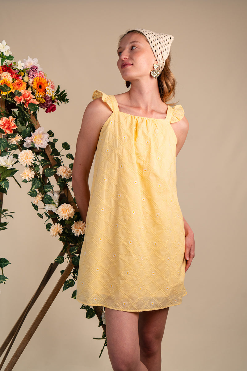 Robe Roma femme en coton jaune pastel à fleurs brodées ton sur ton - It Hippie