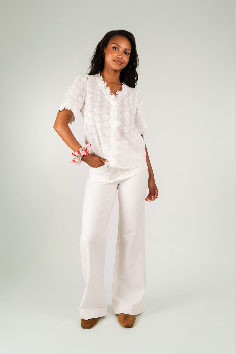 Pantalon Léo femme en coton blanc à taille haute, poches plaquées - It Hippie