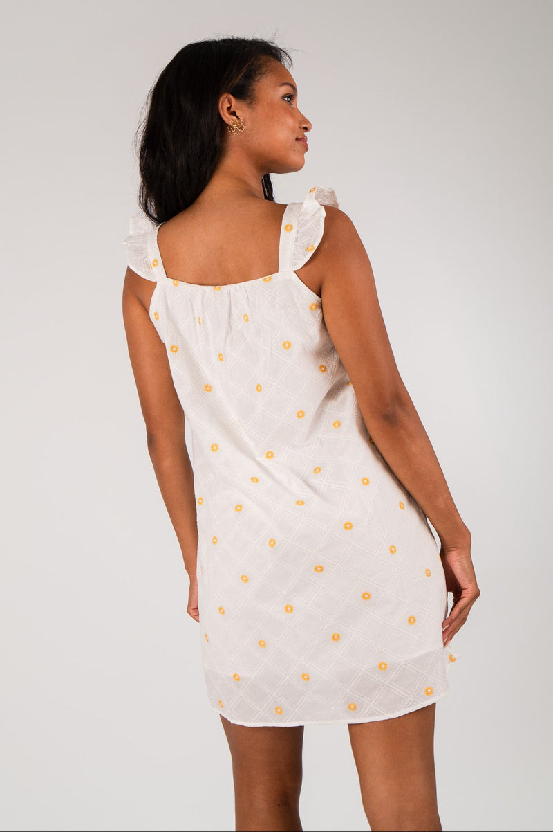 Robe Roma femme en coton écru brodé de petites fleurs jaunes - It Hippie