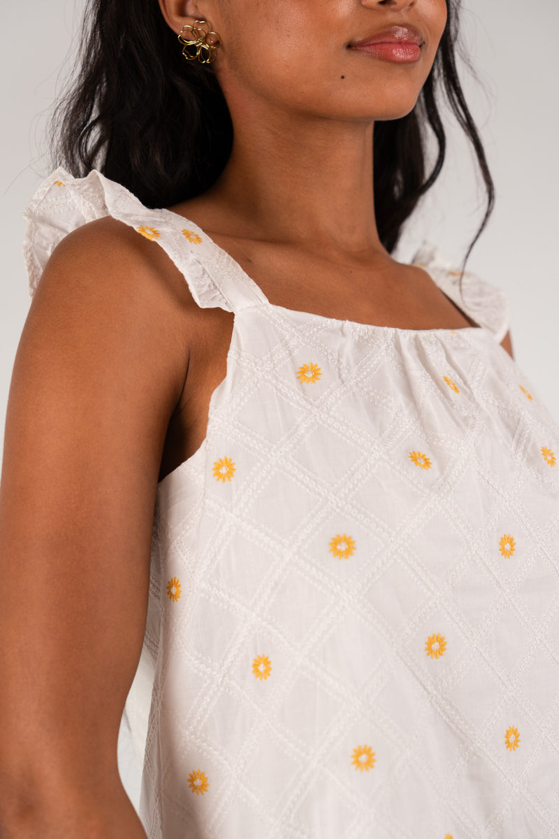 Robe courte Roma femme en coton écru à fines bretelles volantées - It Hippie