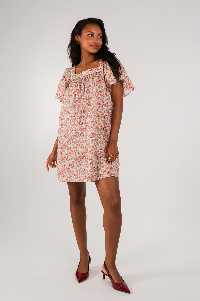 Robe Mathilda femme en coton rouge à imprimé floral, encolure carrée - It Hippie