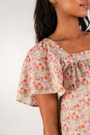 Robe Mathilda femme en coton rouge à fleurs, manches courtes bouffantes - It Hippie