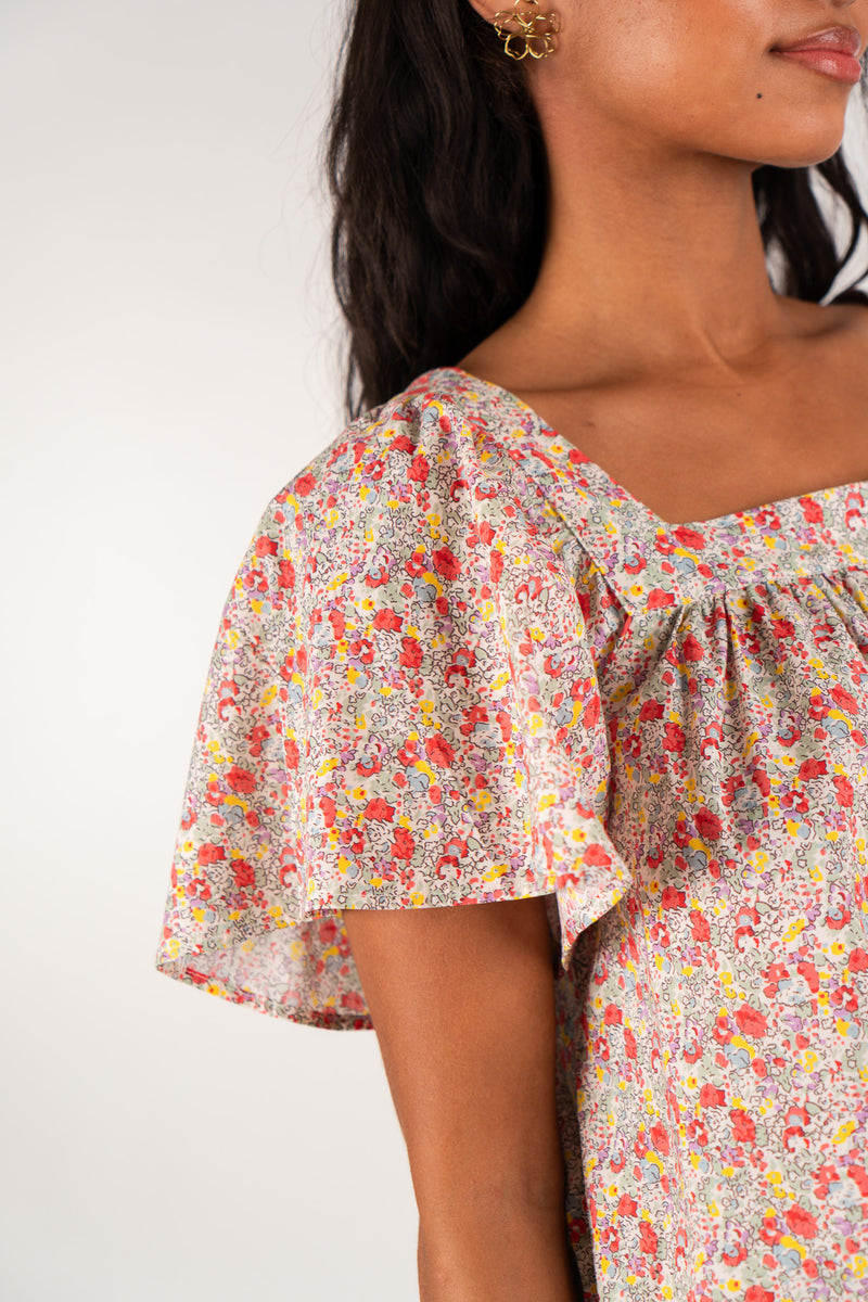 Robe Mathilda femme en coton rouge à fleurs, manches courtes bouffantes - It Hippie