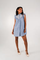 Robe Élisa femme en coton bleu, plastron brodé de fleurs écrues - It Hippie