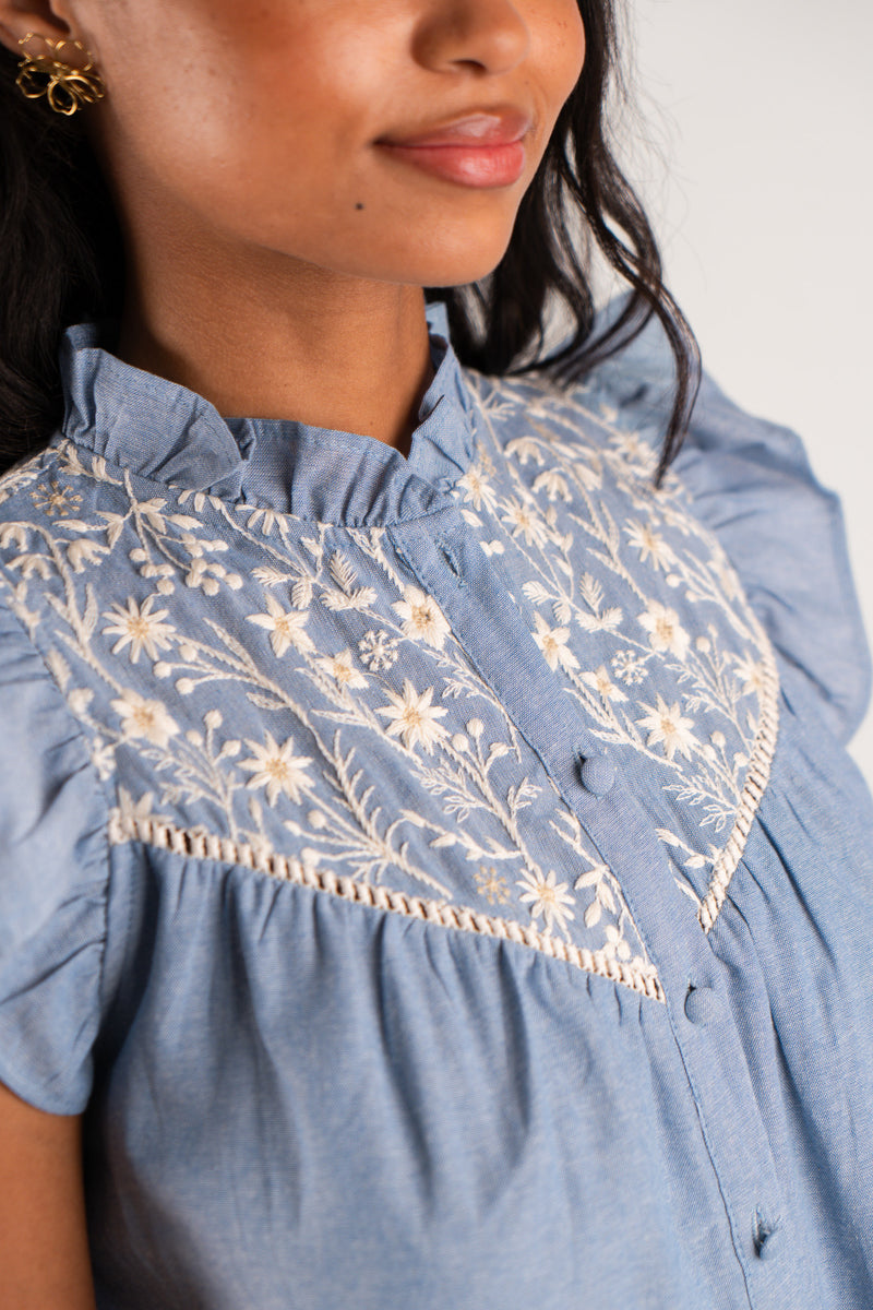 Robe Élisa femme en coton bleu, col victorien bohème - It Hippie