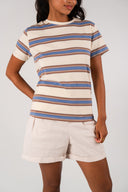 T-shirt Gabin femme en coton à rayures écru, bleu et chocolat, encolure ronde - It Hippie