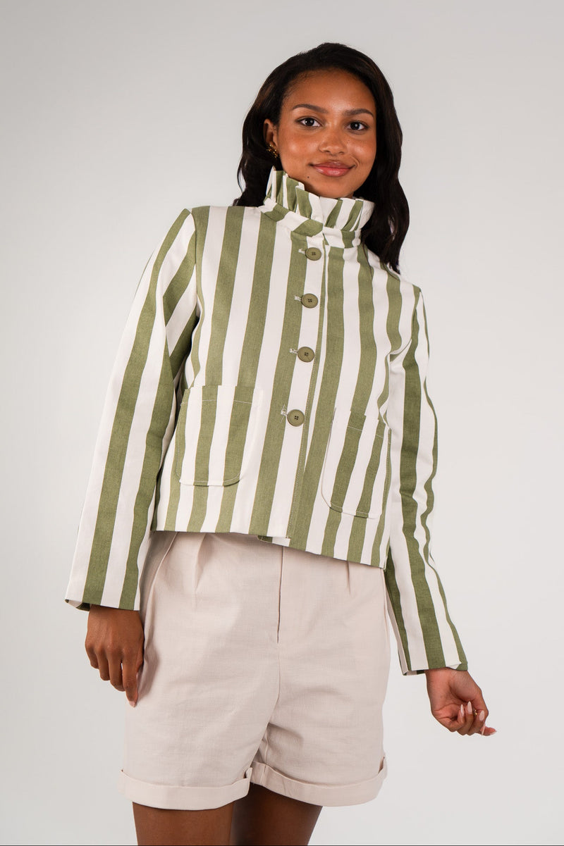 Veste June femme en coton kaki rayé, boutons écaille marron - It Hippie
