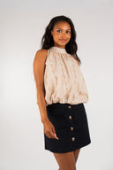 Top bohème Agnes femme en coton rose à rayures florales, col montant - It Hippie