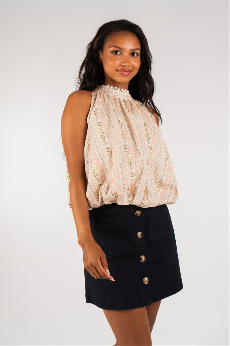 Top bohème Agnes femme en coton rose à rayures florales, col montant - It Hippie