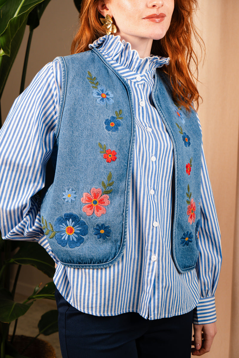 Veste sans manches Ylan femme en denim, broderies florales bohèmes - It Hippie