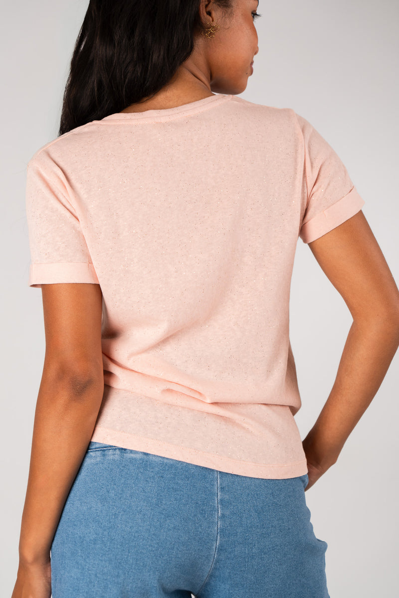 T-shirt Ayden femme rose pailleté, décolleté en V - It Hippie