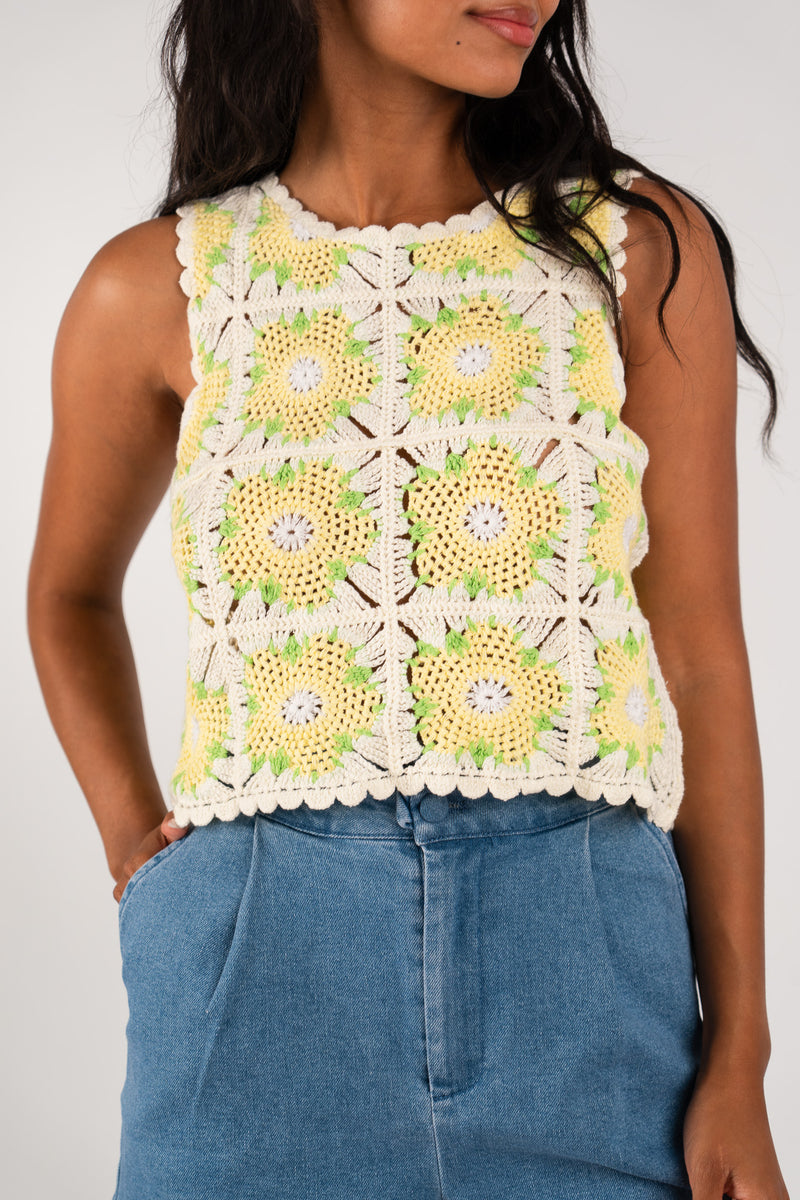 Top Solène femme en crochet de coton jaune à fleurs, style bohème - It Hippie
