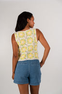 Débardeur Solène femme en coton jaune ajouré, motifs floraux rétro - It Hippie
