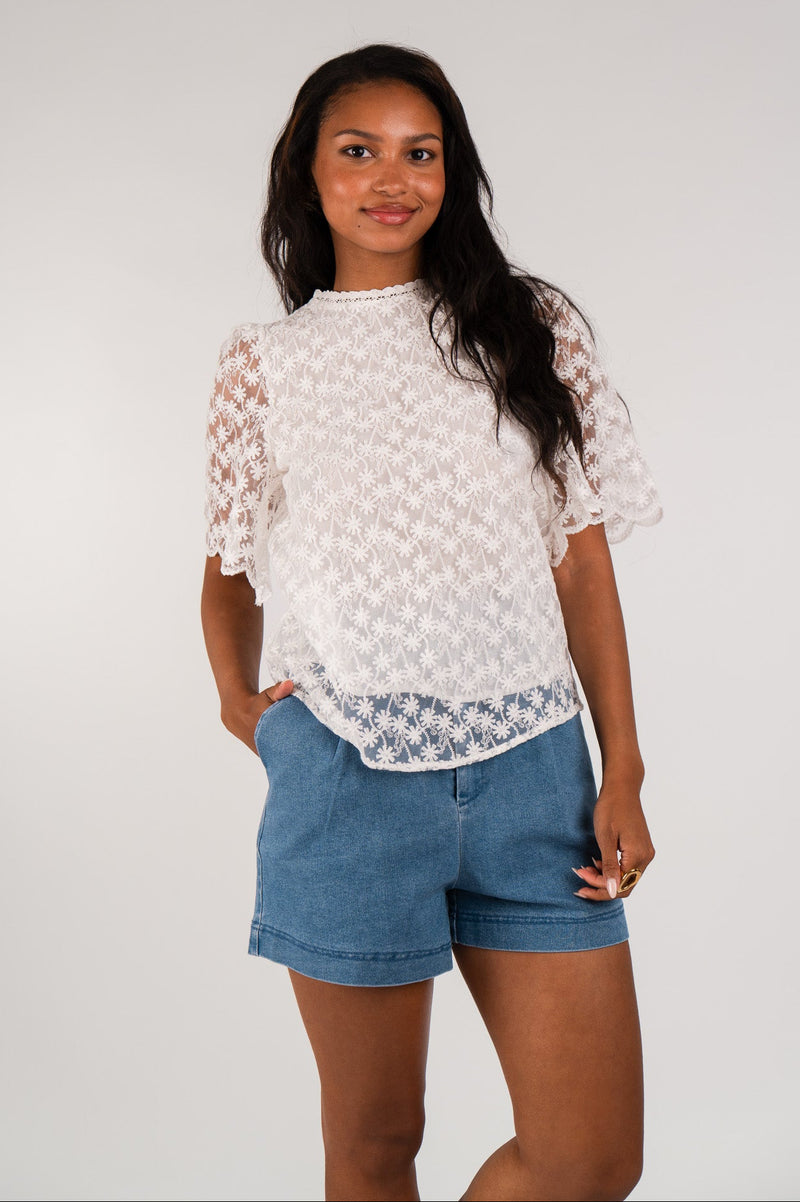 Top Églantine femme en coton écru à manches courtes évasées - It Hippie