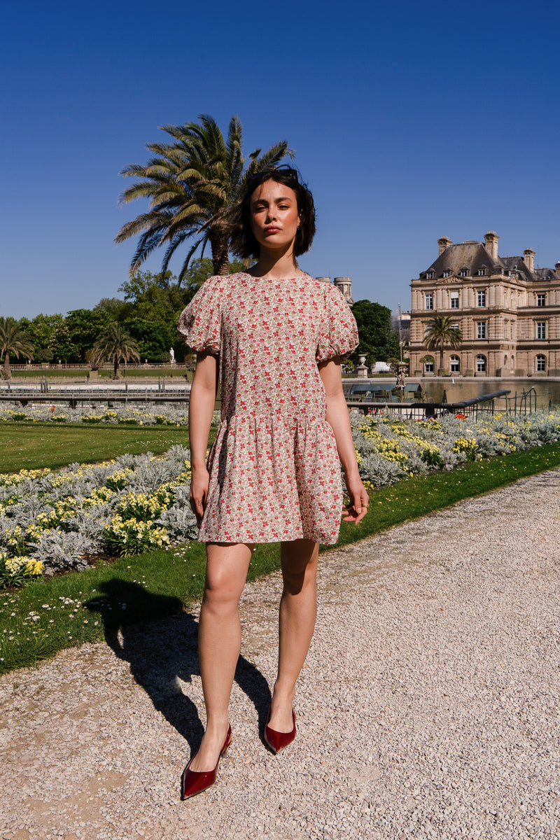Robe Julie femme en viscose rouge fleurie à manches ballons - It Hippie