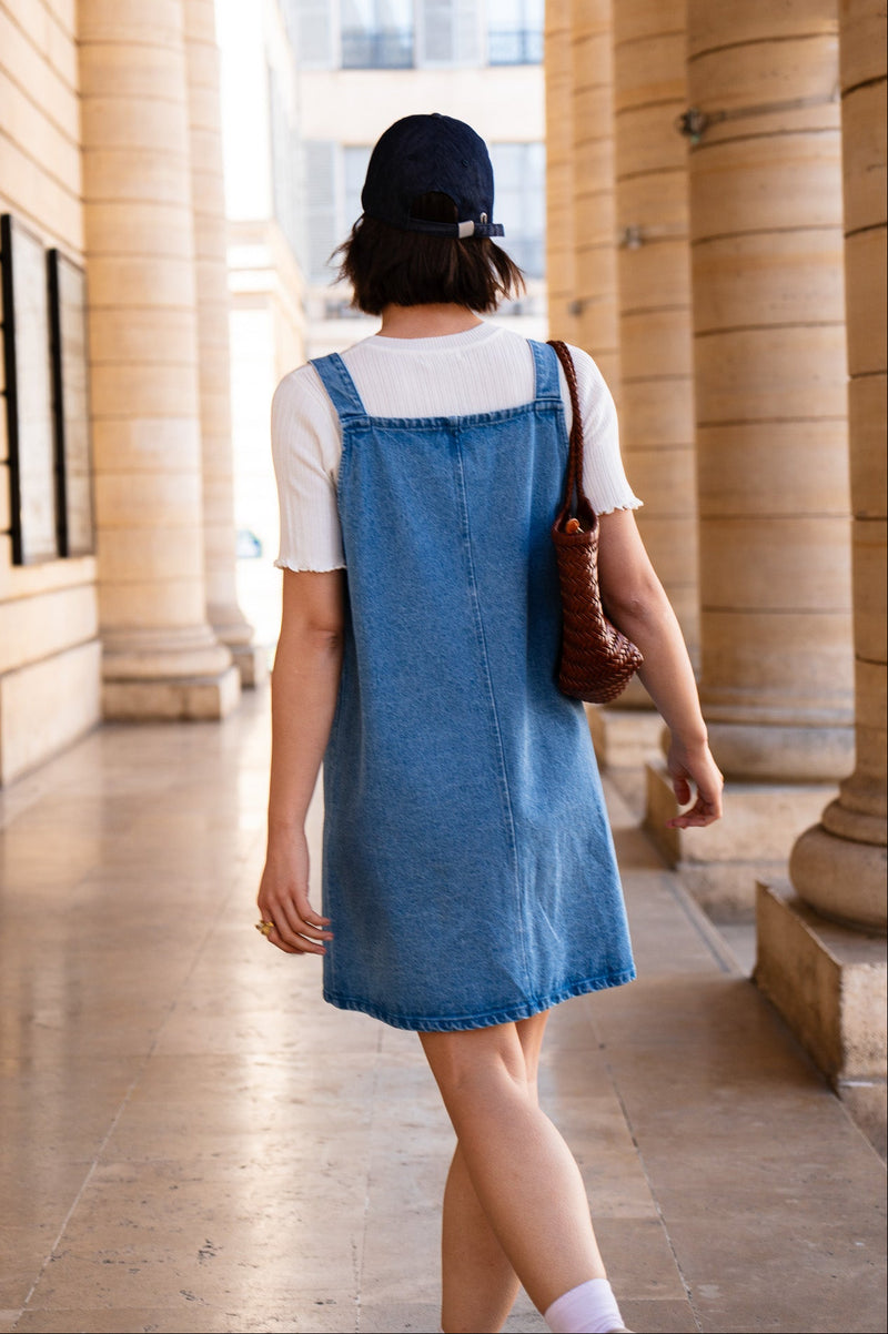 Robe salopette Clarisse femme en denim bleu, esprit bohème - It Hippie