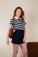 T-shirt Auguste femme en coton rayé bleu, col chemise contrastant - It Hippie