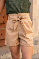 Short Émile femme en coton taupe, taille haute paperbag - It Hippie