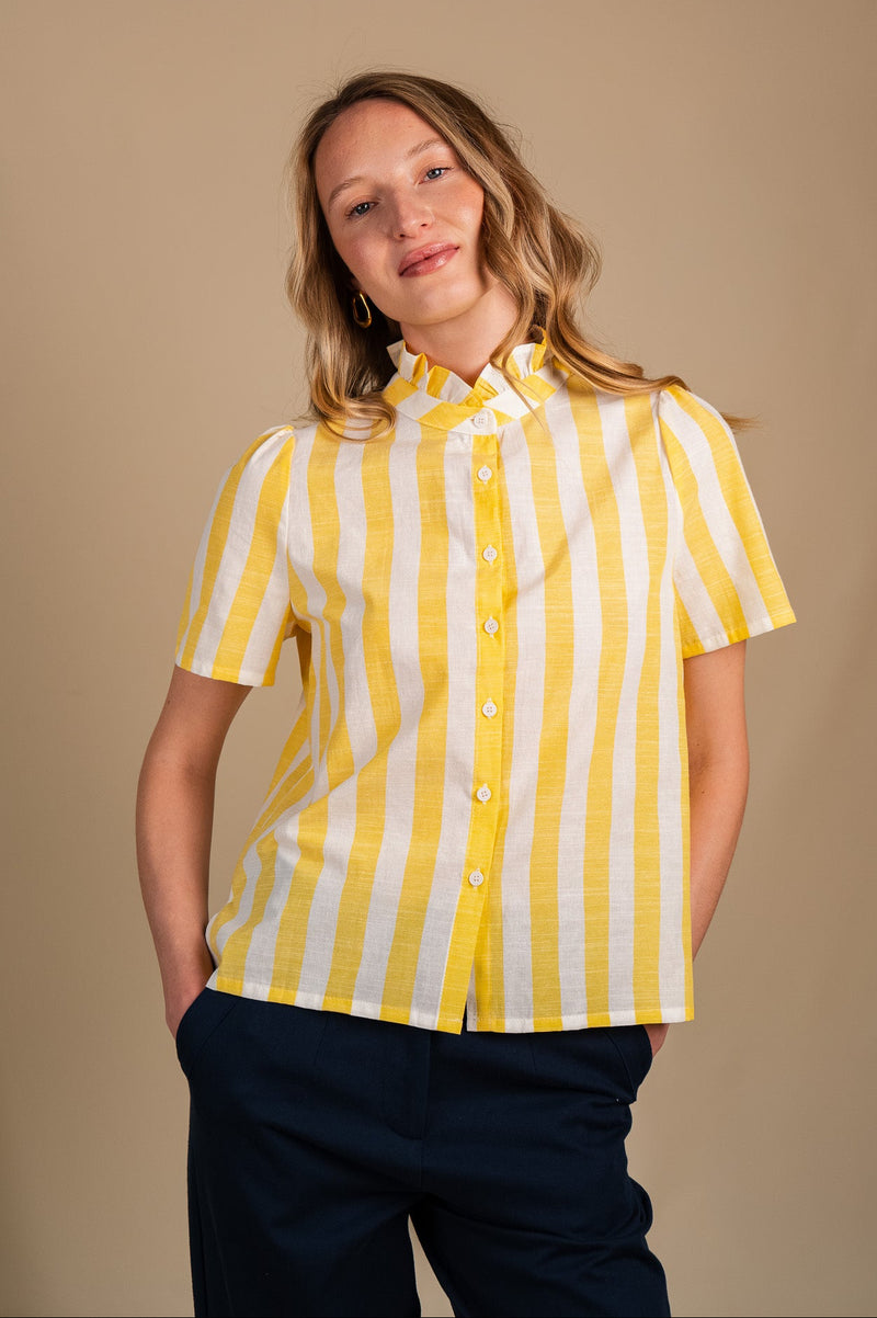 Chemisier Sarah femme en coton à rayures jaune et écru, col volanté - It Hippie