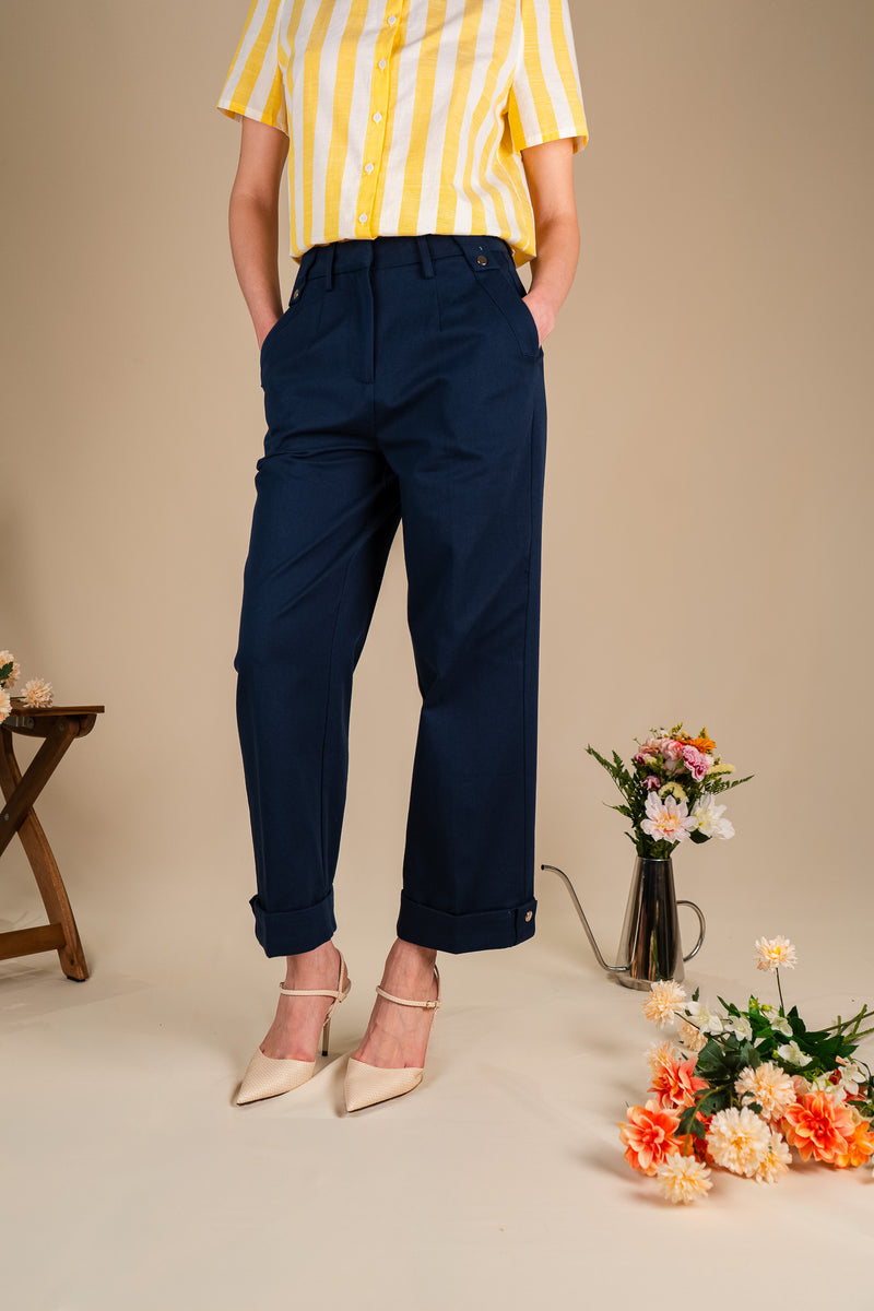 Pantalon Hector femme en coton marine, taille haute - It Hippie