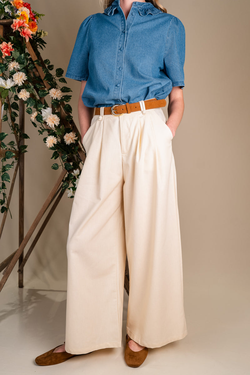 Pantalon Oscar femme en coton écru, coupe ample taille haute - It Hippie