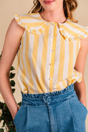 Chemisier Camille femme en coton rayé jaune et écru, col Claudine volanté - It Hippie