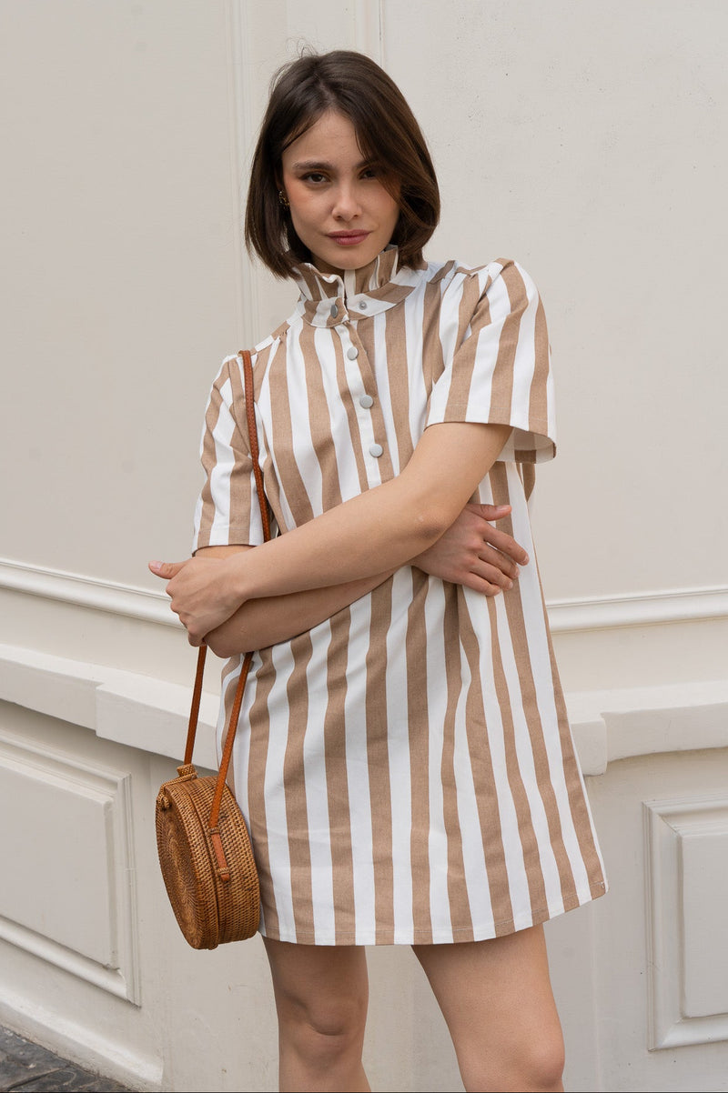 Robe Lily femme en coton taupe rayé à fines bretelles - It Hippie