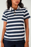 T-shirt Auguste femme en coton rayé marine et écru, patte de boutonnage - It Hippie