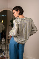 Chemise Liora d'IT HIPPIE, haut léger en tissu fluide, portée avec col en V et manches longues, vue de face.