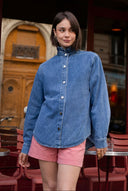 Chemise Gabrielle femme en coton bleu, col chemise large structuré - It Hippie