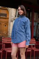 Chemise Gabrielle femme en coton bleu, manches longues bouffantes et boutons ton sur ton - It Hippie