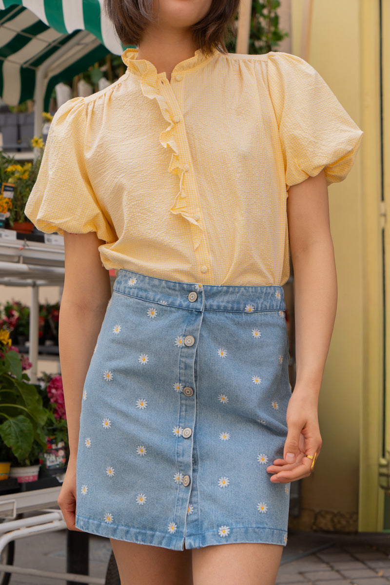 Jupe Jeanne femme en coton rayé bleu écru, coupe trapèze taille haute - It Hippie