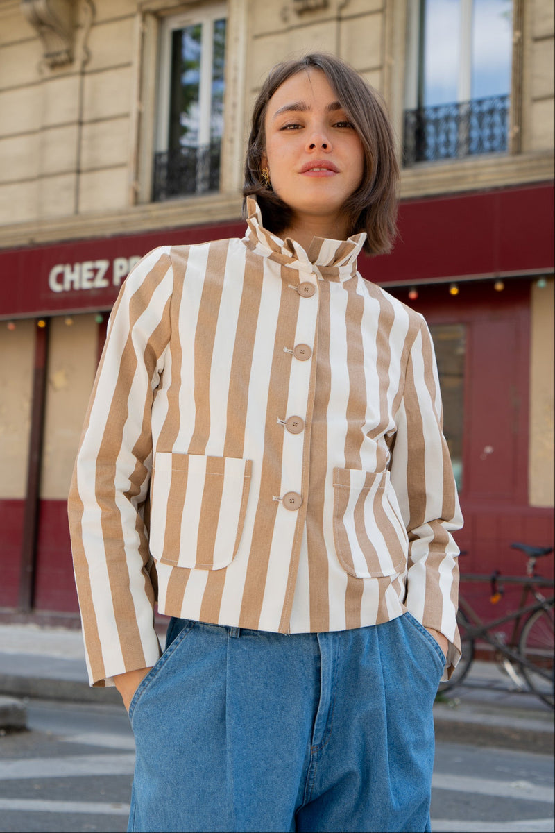 Veste June femme en coton à rayures écru et sable, poches plaquées - It Hippie
